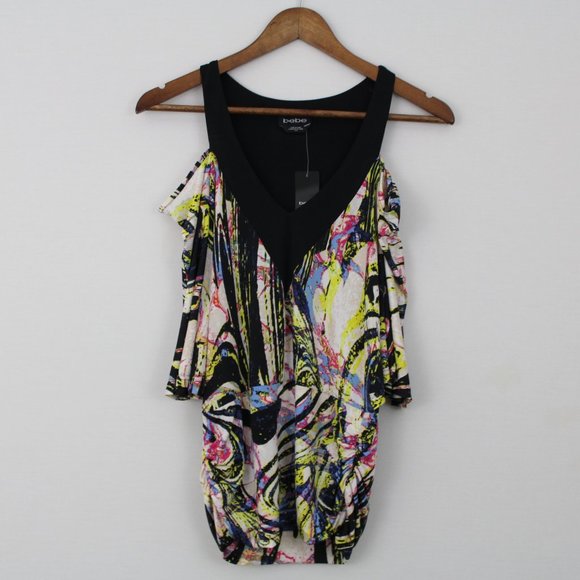 ⬇️$15 Bebe Black & White Cold Shoulder V-Neck Top - Picture 1 of 16
